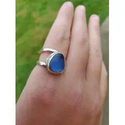 Fine Silver Sea Glass Ring Adjustable from size 4 to 11. Gorgeous blue color.